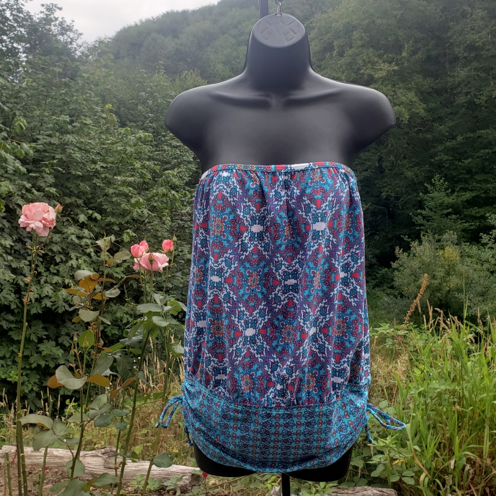 ATHENA Tankini Swim Top Strapless Bandeau Tunic Paisley Print Ruched Geometric